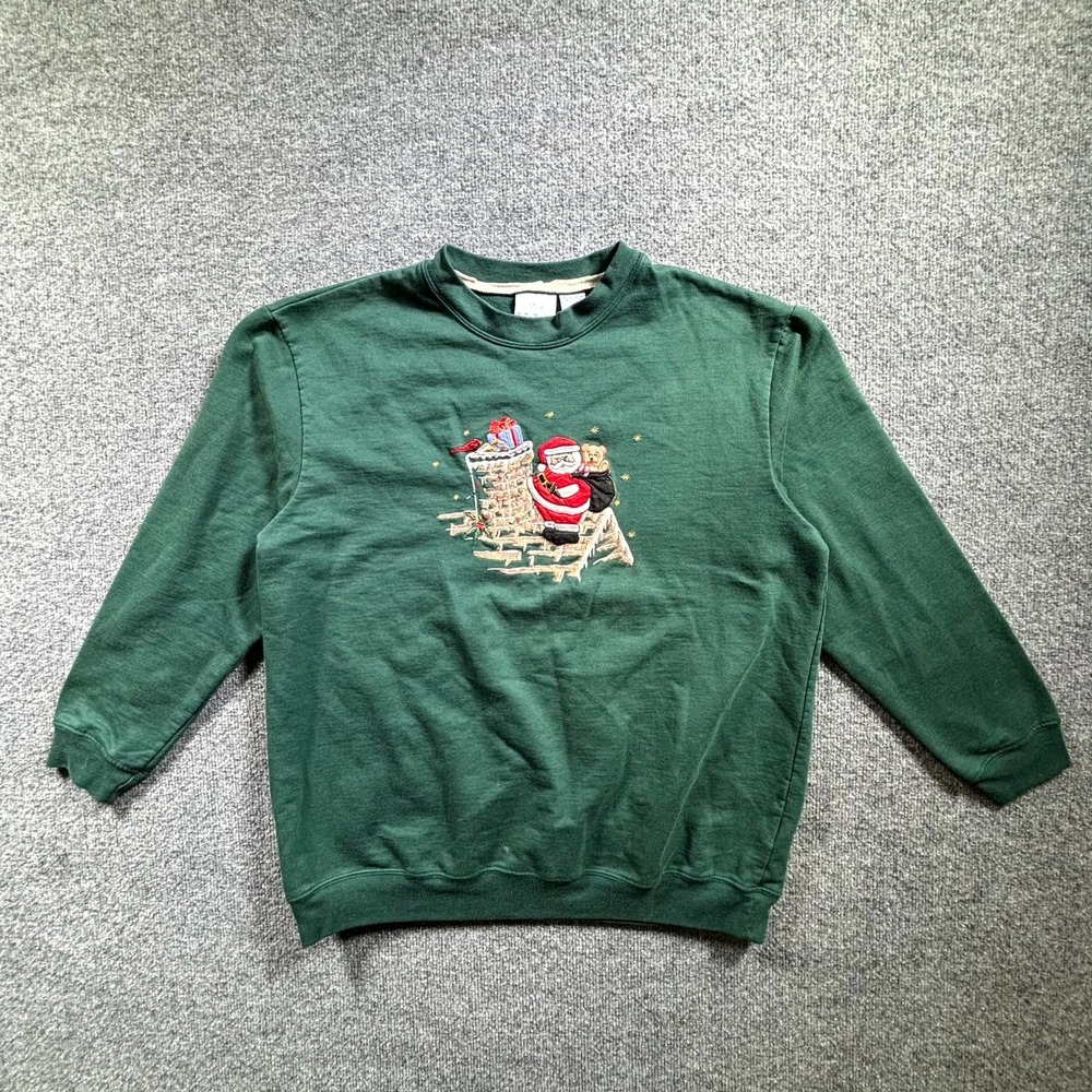 Vintage Bobbie Brooks Christmas Sweatshirt Women Large Green Santa Claus Festive